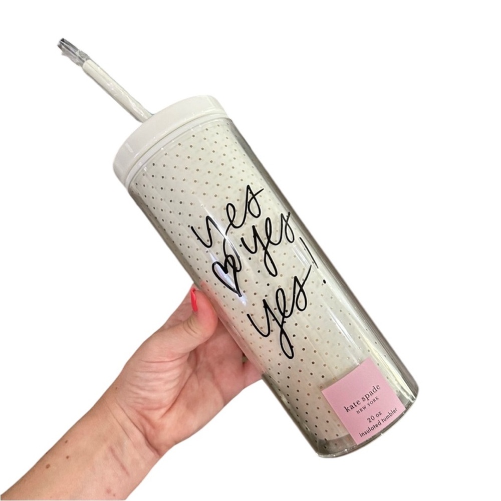 Kate Spade “Yes, Yes, Yes” White Tumbler w/ Black Script & Gold Dots. - Picture 7 of 14